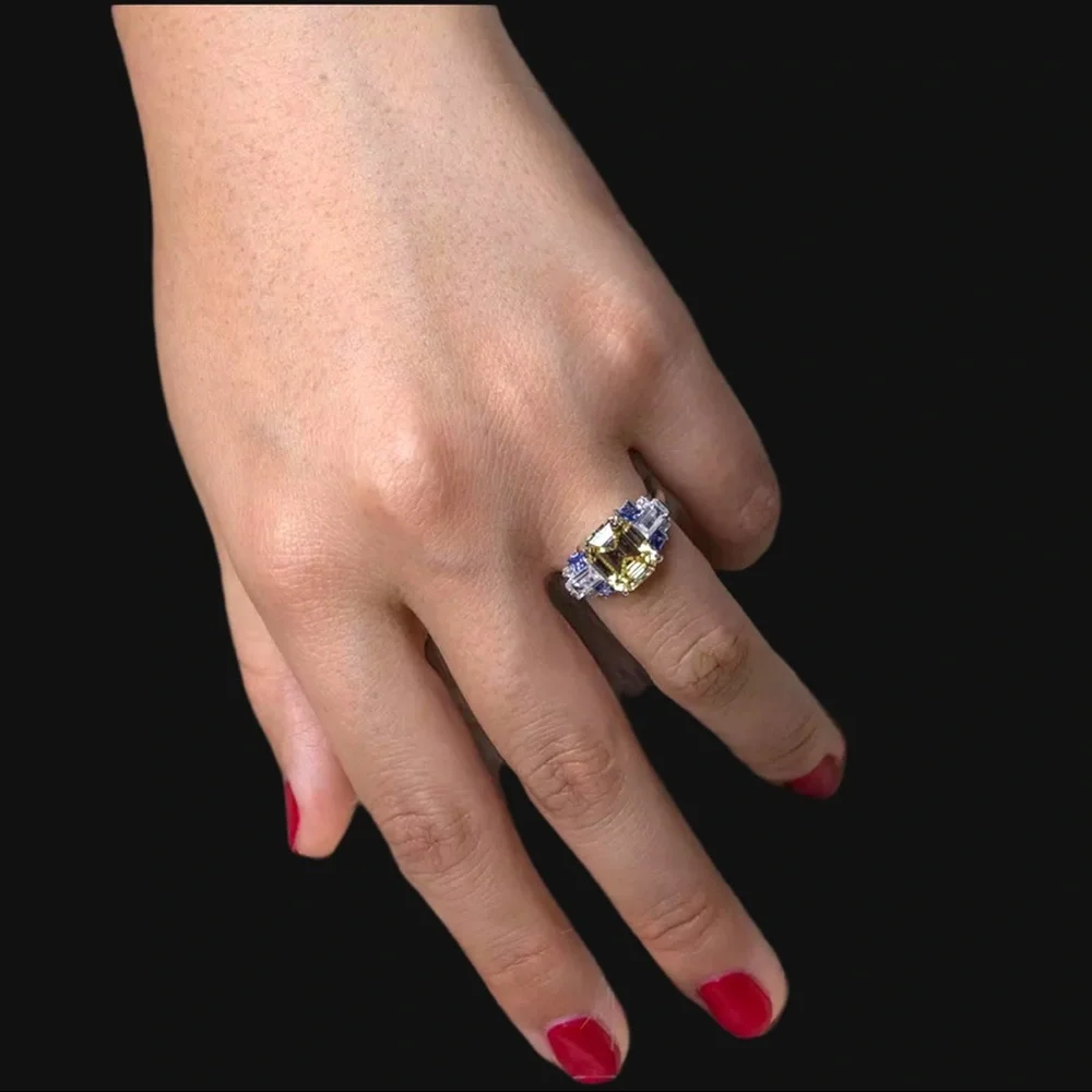 The Litsa Art Deco Sapphire Diamond 925 Silver Ring - Picture 9 of 10